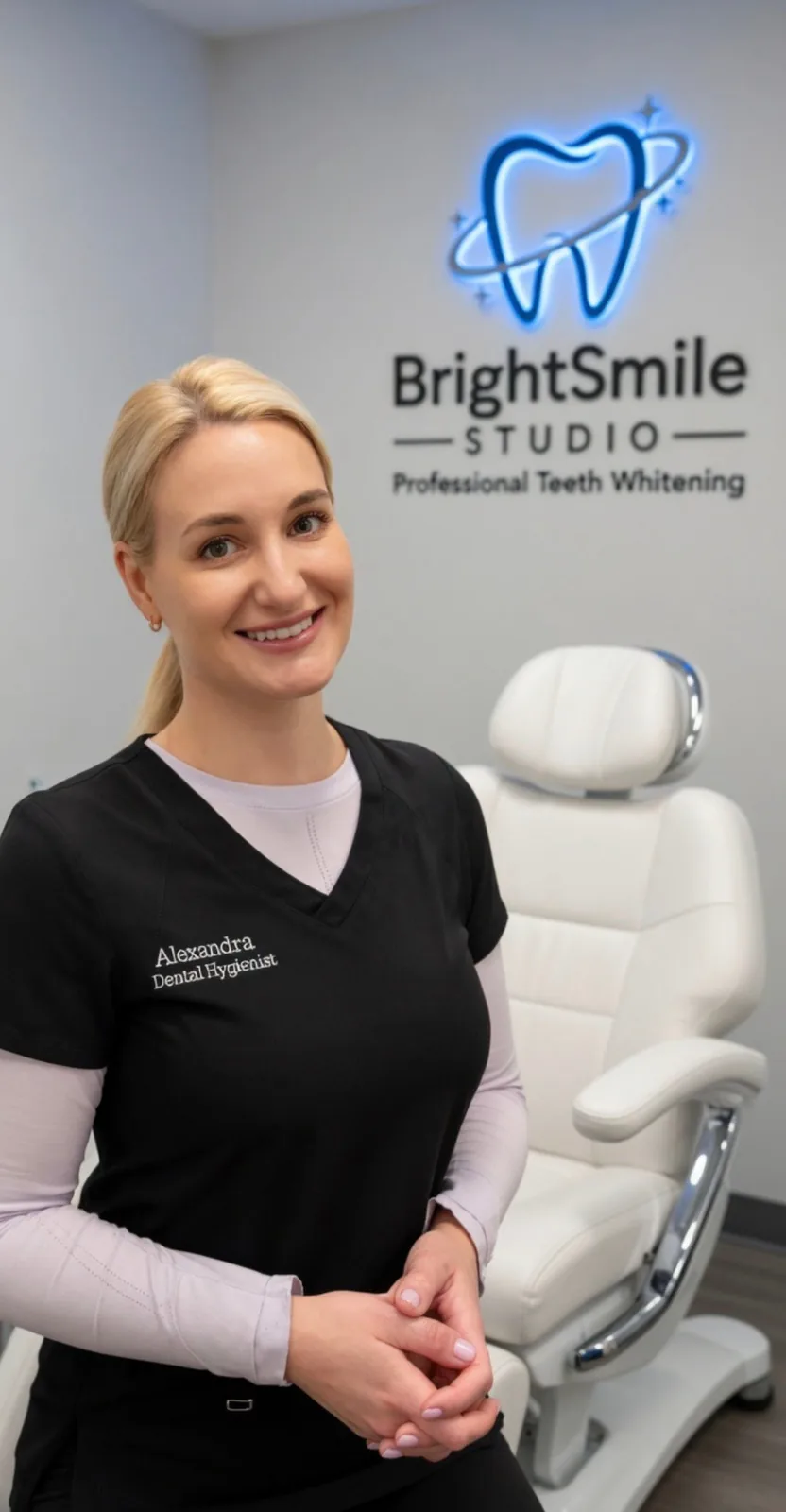 Alexandra, owner and Licensed Dental Hygienist, in the BrightSmile Studio whitening room