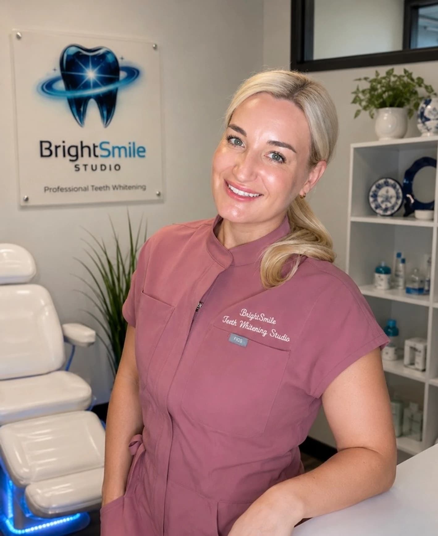 Alexandra, owner and Licensed Dental Hygienist, in the BrightSmile Studio whitening suite