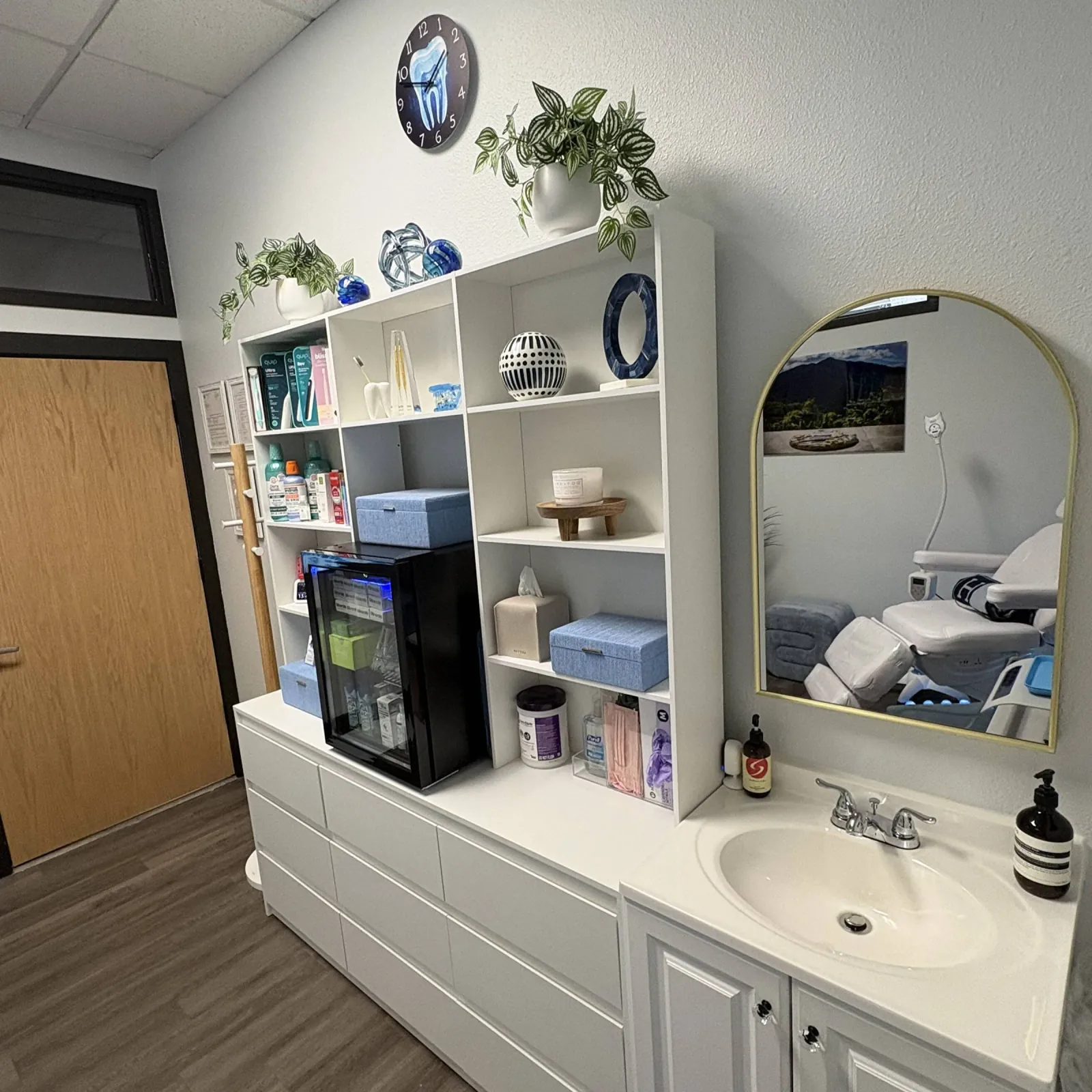 The aftercare shelf and mirror at BrightSmile Studio